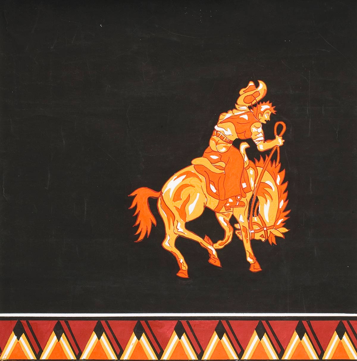 A painted artwork on paper depicting a cowboy on a bucking horse.The image is painted in white, yellow, orange and red on a black background. The bottom edge is bordered with a geometric triangle design. - click to view larger image