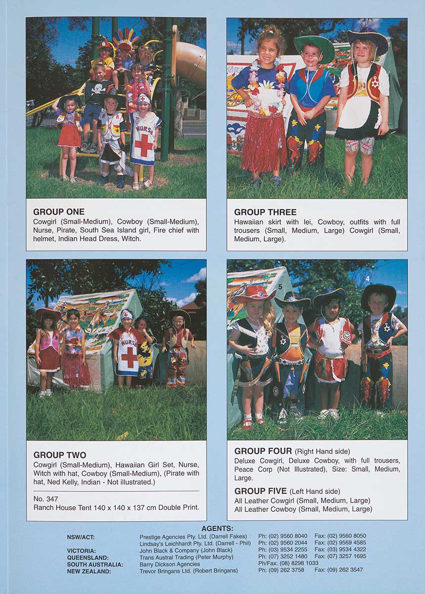 A catalogue with a blue background titled 'DRESS UP AND PLAY / THE LINDSAY WAY' featuring images of Santa, face paints and hats on the front cover. - click to view larger image