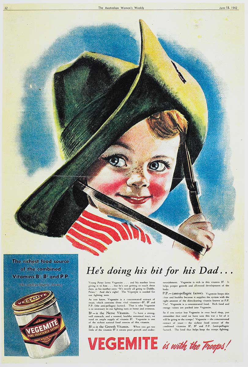 Advertisement for Kraft Vegemite featuring an illustration of a smiling child with rosy cheeks and wearing an Australian Army hat. The text reads: 'He's doing his bit for his Dad...' and 'VEGEMITE is with the Troops!' - click to view larger image