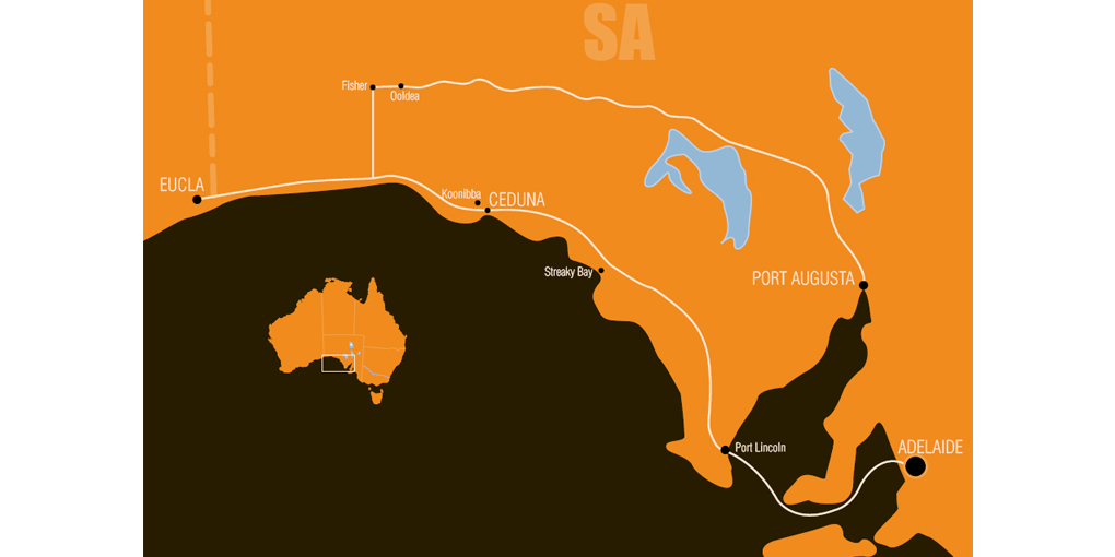 Map outlining the second medical relief expedition, South Australia 1920. The stylised map shows the expedition routes in white lines. Locations such as Eucla, Ceduna, Port Augusta and Adelaide are indicated on the map. A small map of Australia is in the lower left hand corner, showing the area covered by the main map.