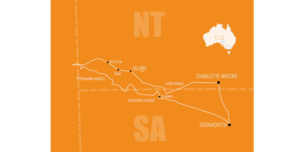 Map outlining the expedition in 1926 through the Northern Territory and South Australia. The stylised map, in a yellow ochre colour, shows the expedition route as a white line. There are no ground features or other forms of map information, apart from the border sections separating the Northern Territory, South Australia and Western Australia. Locations such as Charlotte Waters, Oodnadatta, Uluru, the Olgas and Mt Currie are indicated. A small map of Australia is in the upper right-hand corner of the map. It shows the expedition area as a small rectangle.