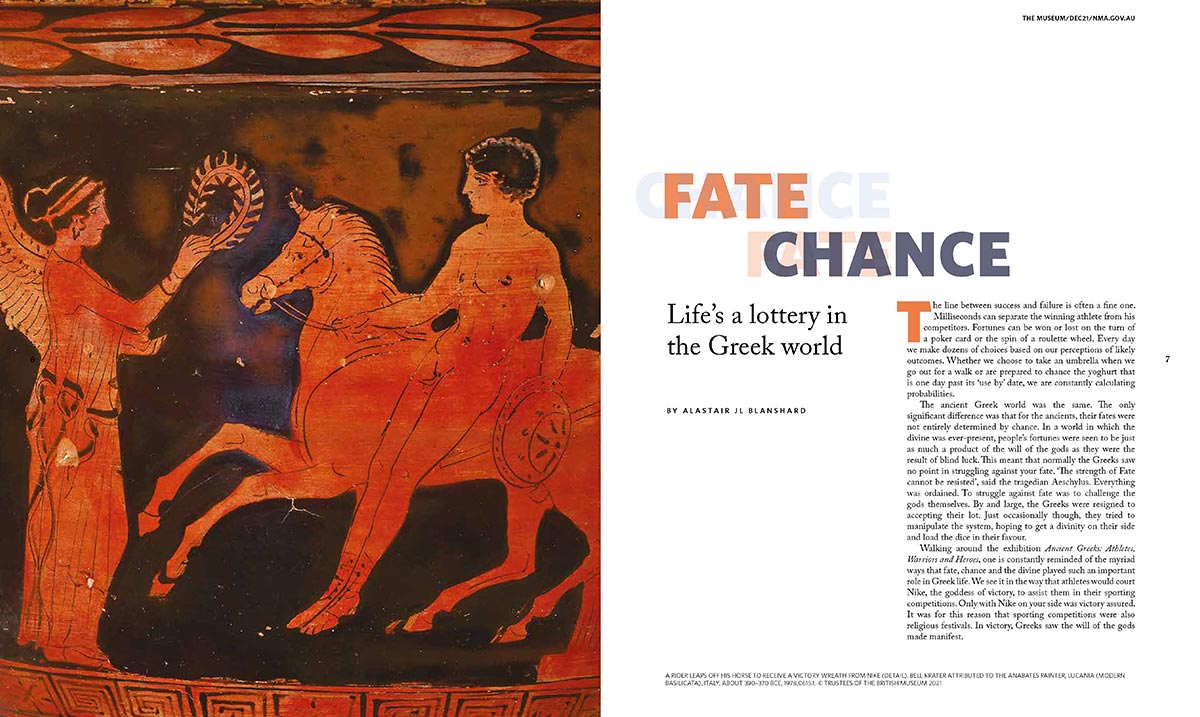 Magazine spread featuring an image of a winged figure and a man with a horse, on the left, and body text and title 'FATE CHANCE', on the right . - click to view larger image