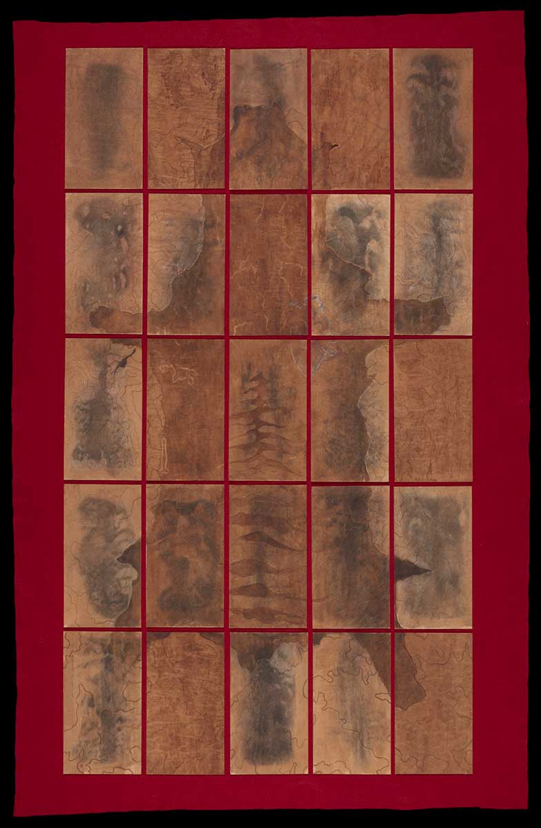 An artwork consisting of a large piece of red felt with serrated edges and twenty-five separate pieces of painted card. The cards are assembled to depict a thylacine skin. - click to view larger image