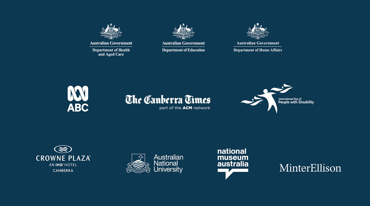 Logos of organisations supporting the Australian of the Year 2023 including the Australian Government Department of Health and Aged Care, Australian Government Department of Education, Australian Government Department of Home Affairs, ABC, The Canberra Times, International Day of People with Disability, Crowne Plaza, Australian National University, National Museum of Australia and MinterEllison.