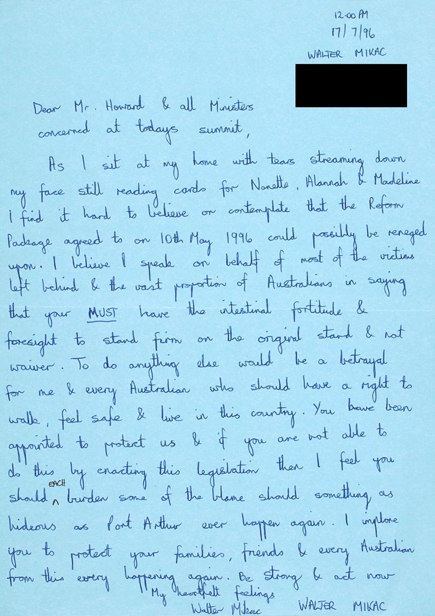 Handwritten letter on blue paper, with address blacked out, top right, from Walter Mikac to John Howard. - click to view larger image