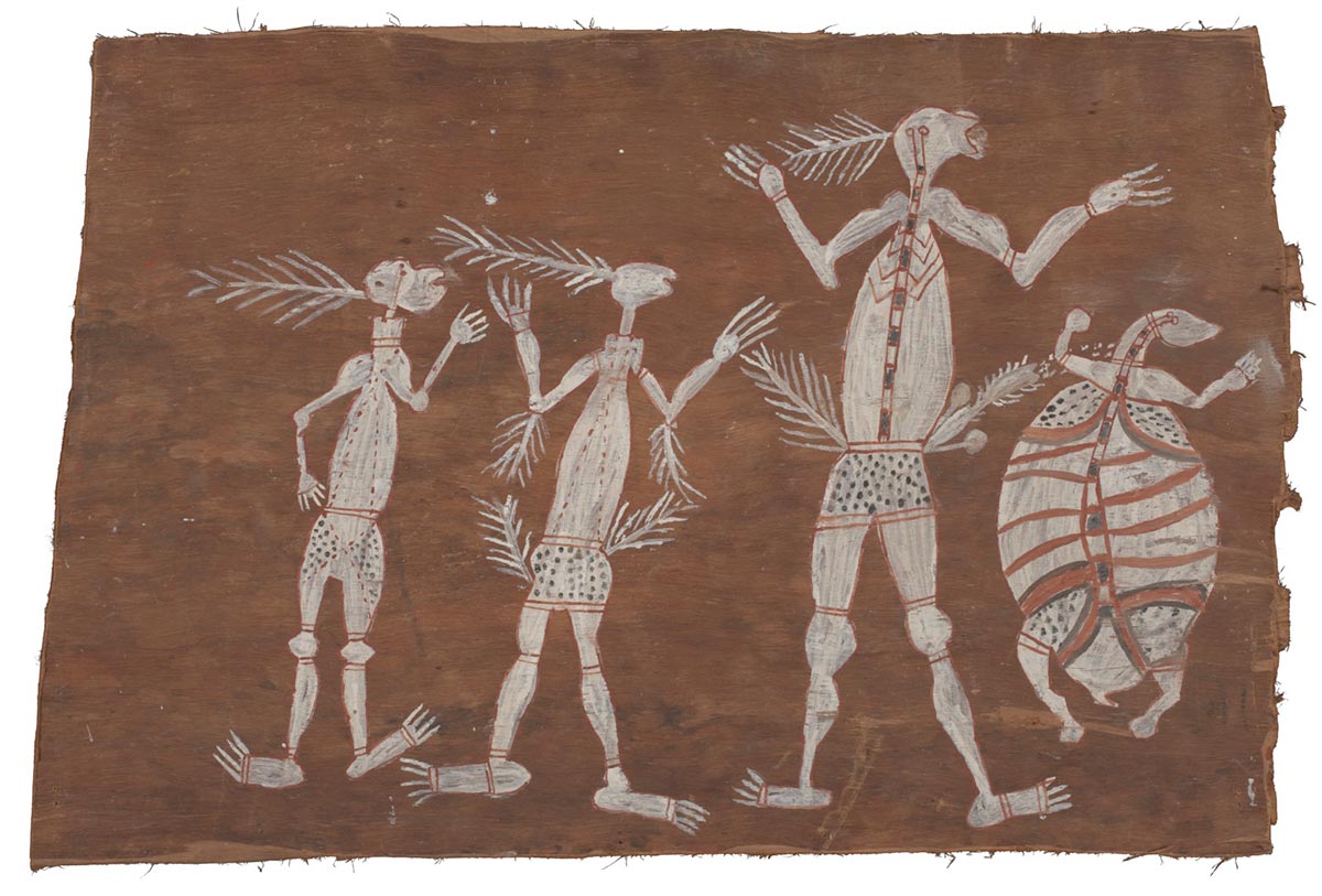 A bark painting worked with ochres on bark. It depicts three male Mimi figures with fringed, feather headdresses and body ornaments. There is a turtle on their right. Each of the figures is worked in white with red lines and black dots on the bodies. - click to view larger image