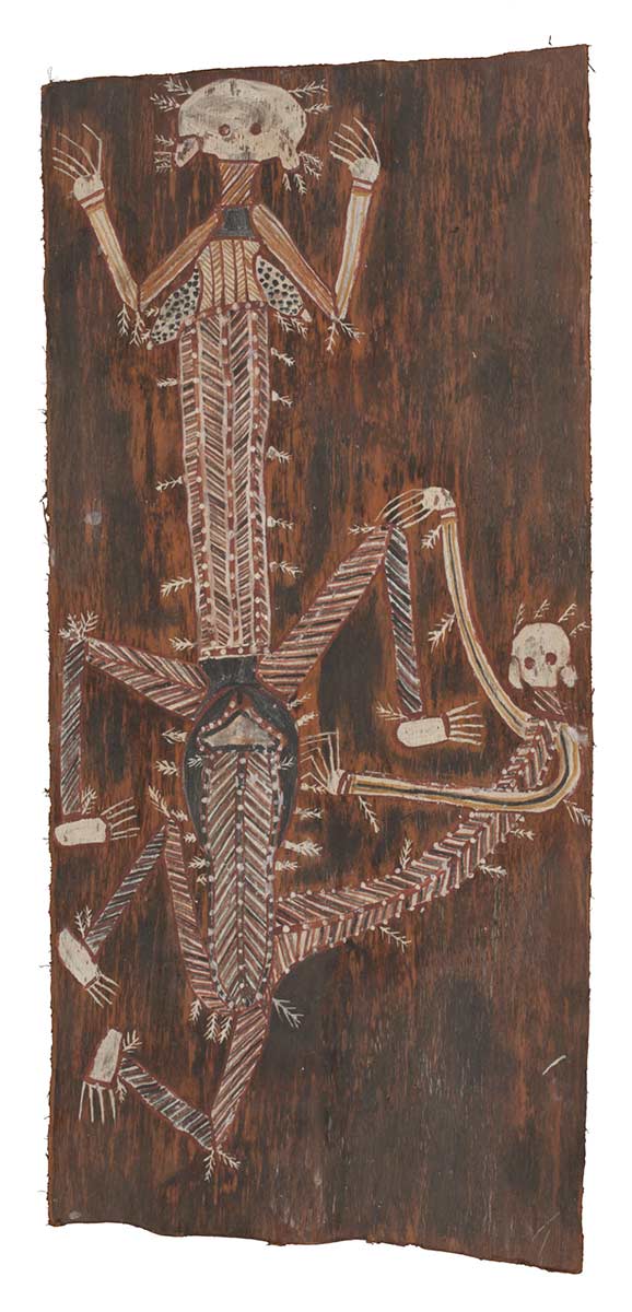 A bark painting worked with ochres on bark. It depicts a male and female figure in the act of intercourse. The figures have white heads and arms with crosshatched designs on the rest of their bodies in black, white, red and yellow. They both have small white feathery or plant-like appendages growing from the perimeters of their bodies. The painting has a background of natural bark. - click to view larger image