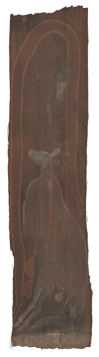 A bark painting worked with ochres on bark. It depicts a red snake outlined in yellow coiled over a large white male kangaroo. Between the tail of the serpent and the legs of the kangaroo are two red bean shapes. The painting has a natural bark background. - click to view larger image