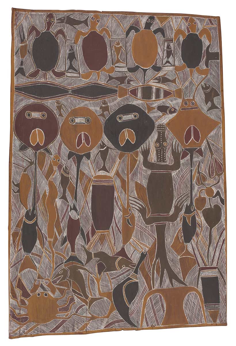 A bark painting worked with ochres on bark. It depicts three main rows of animals. At the top there is a row of turtles with fish painted between them. Below this there is a row of four stingrays. Below this again there is a crocodile and a goanna and at the foot of the painting a bird and a crab among plants.The painting has a background of fine white crosshatching on red. - click to view larger image