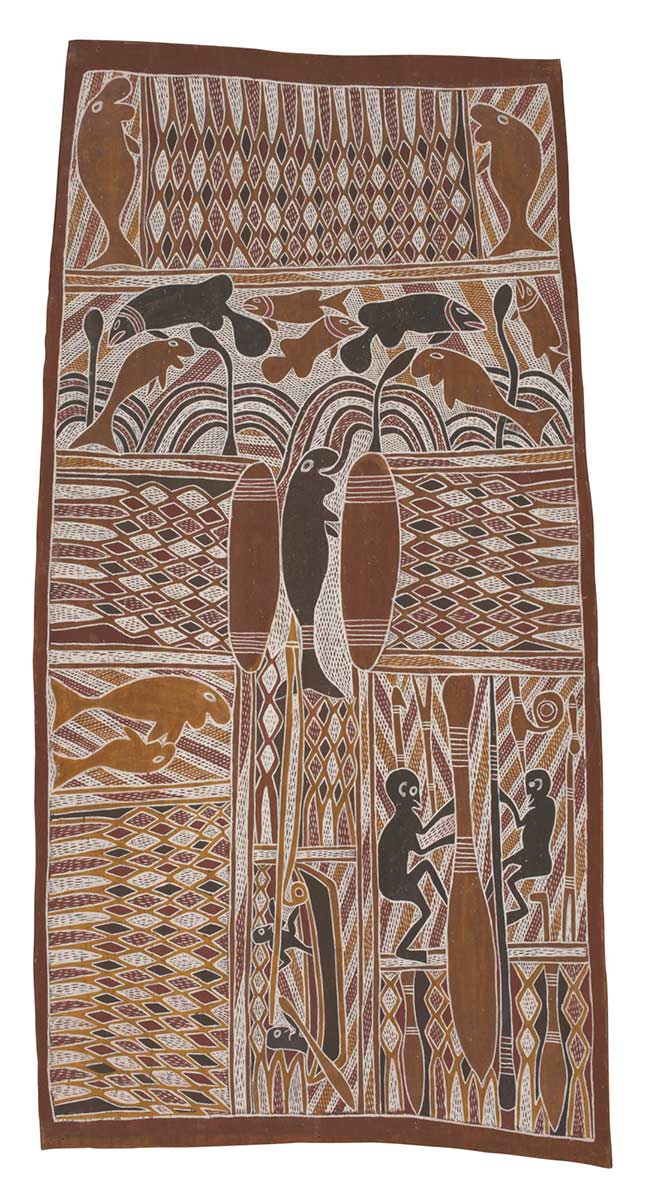 A bark painting worked with ochres on bark. The painting is divided into a number of panels.The central panel depicts a black dugong with a brown shield to each side. Another panel features two hunters in a boat spearing the central dugong while another features two men with a spear, a club and other weapons. Other panels feature dugongs painted in black, brown and yellow. - click to view larger image
