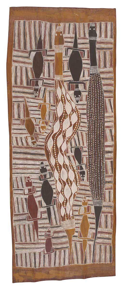A bark painting worked with ochres on bark. It depicts on the right a straight snake painted black with coloured dots. On the left there is a curved snake which is painted yellow with lines of white egg-shapes along its body. Surrounding the two snakes are nine black, red and yellow lizards. The background has a pattern of alternating vertical and horizontal blocks of crosshatched lines in black, red and white. - click to view larger image