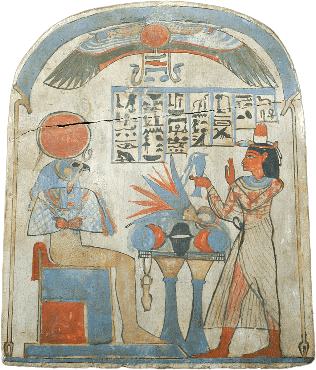 A colourful, painted stela depicting the god Osiris and a man standing either side of an offering table.