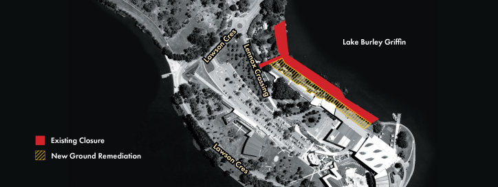 A map showing closures on the Acton Peninsula eastern foreshore as a precautionary public safety measure after the discovery of asbestos