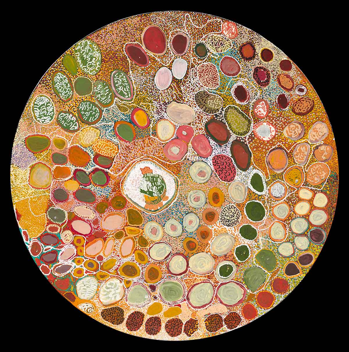 First Nations artwork 'Minyipuru at Pangkal' consisting of rightly coloured designs on a circular canvas.. - click to view larger image