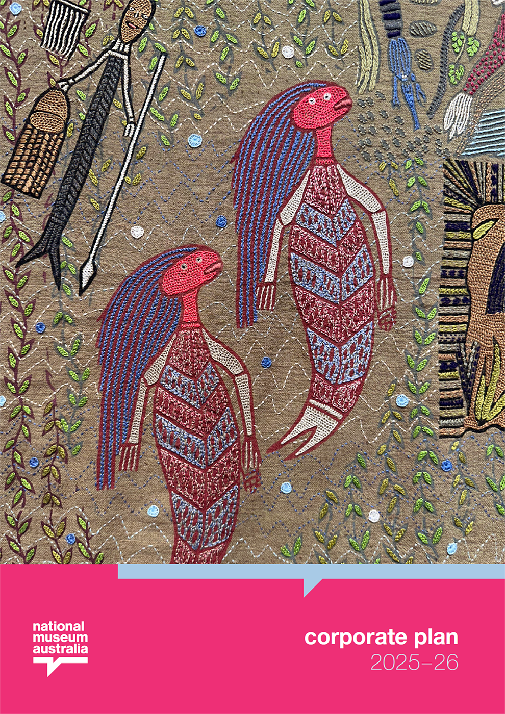 Yawkyawk Embroidery, 2024, Bábbarra Designs with Tharangini Studios and Porgai Artisans Studio, pigment print, woodblock print and Lambadi embroidery on handwoven kala cotton