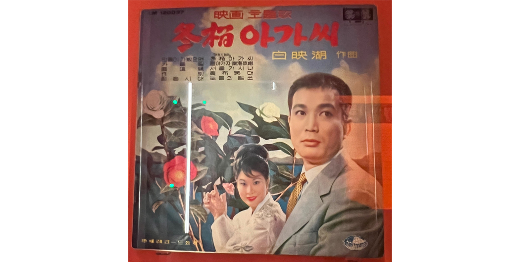 1964 LP cover by the artist Lee Mee-ja, wearing a pale pink hanbok, smiling and gesturing towards a camelia flower. Beside her is a man in a pale grey suit with a yellow tie. In the centre background is a camelia tree with blossoms of red, pink and white. Behind this is a landscape of distant mountains and clouds. At the top is Korean lettering, translating to 'Camelia Lady' and below this is yellow text for the name of the singer, Lee Mee-ja. The overall aesthetic is airbrushed, romantic and idealised.