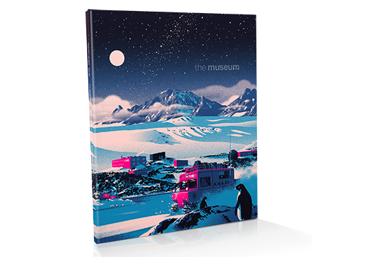 A magazine cover showing an illustrated Antarctic scene by Timba Smits, with an oversnow vehicle with an Australian flag in the foreground, with buildings, snow and rocky mountains in the distance.