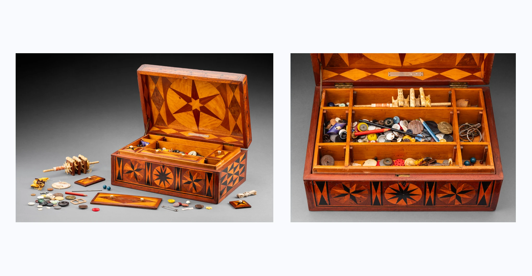 A rectangular wooden sewing box accompanied by various contents. The wooden box is inlaid with flower designs accompanied by diamond and triangle patterns. There is a metal keyhole in the front and the lid is hinged. The interior of the lid features an inlaid design and a metal plate etched with 'Capt. / J.K.DAVIS, 