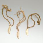 Pendants made of shell, bone, or tooth material threaded with thick twisted cord.