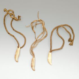 Pendants made of shell, bone, or tooth material threaded with thick twisted cord.