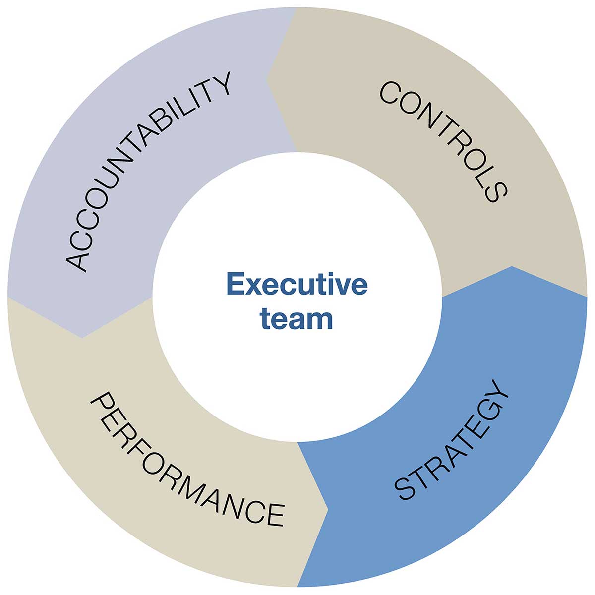 Doughnut chart divided into four equal sections labelled: 'Accountability', 'Controls', 'Strategy', 'Performance'. The centre of the doughnut is labelled 'Executive team'. - click to view larger image
