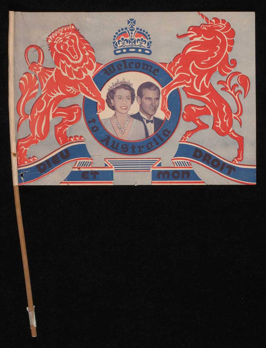 Souvenir flag featuring Queen Elizabeth II and Prince Phillip, the Duke of Edinburgh. - click to view larger image