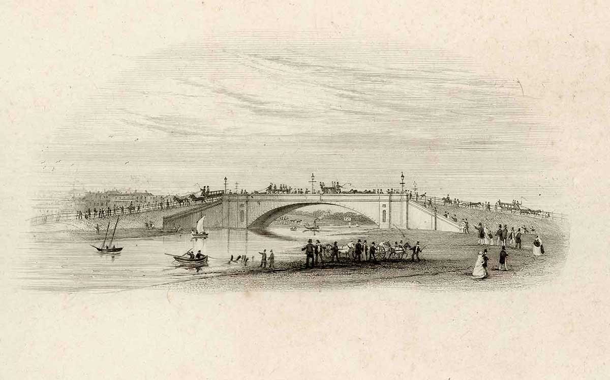 Simple stone arch bridge crossing a river, with Victorian gentlefolk admiring and walking cross it. A handful of buildings are visible on one side, but otherwise the area is not particularly settled.