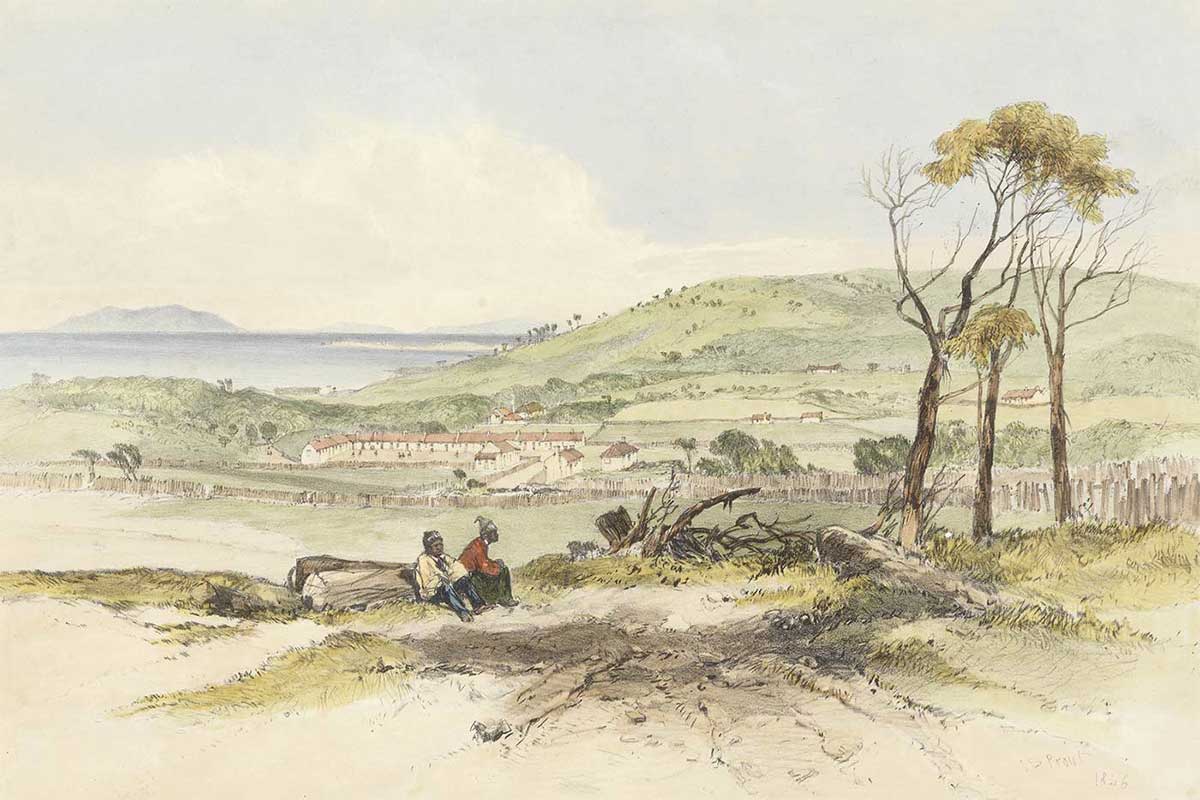 Residence of the Aborigines, Flinders Island, by John Skinner Prout, 1846.