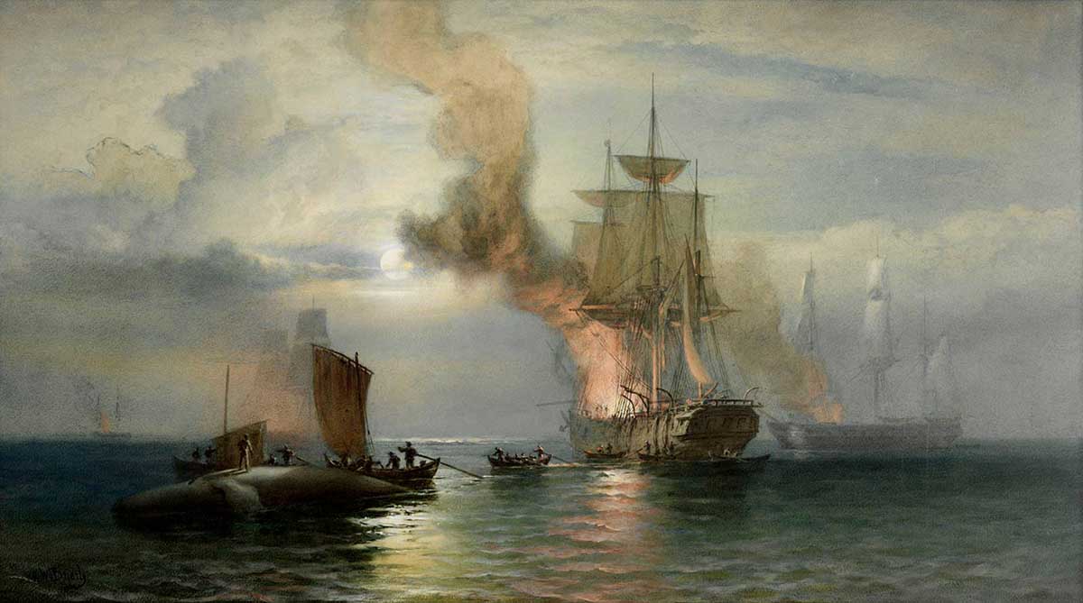 Oil painting showing four whaling ships with fire and smoke emerging from their bows, where the blubber is being boiled. In the foreground, three boats are coming alongside a dead whale. A man is standing on top of the whale.
