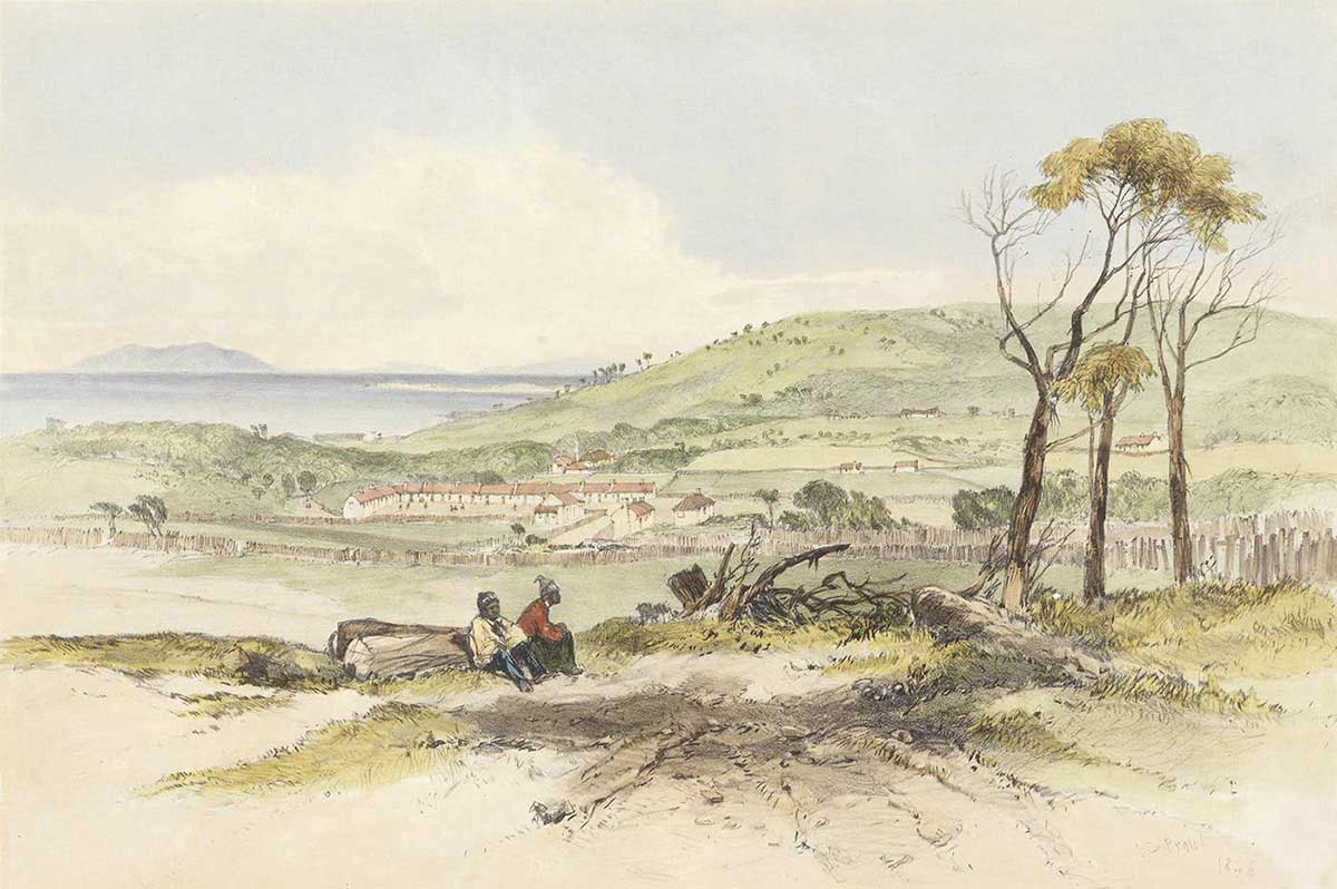 Watercolour showing two Aboriginal people sitting in a clearing with a small settlement in the background and the sea beyond.