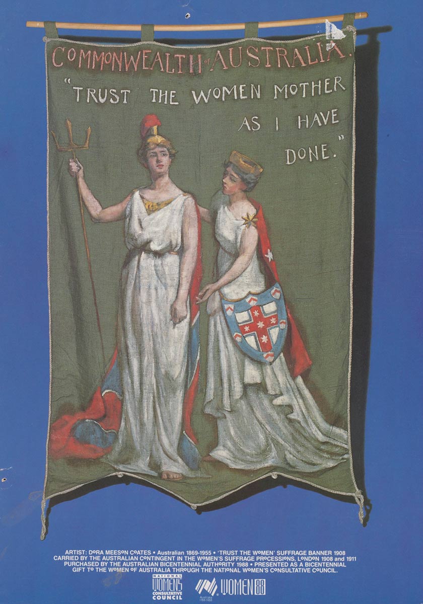 Poster depicting banner with illustration of two women representing Britain and Australia