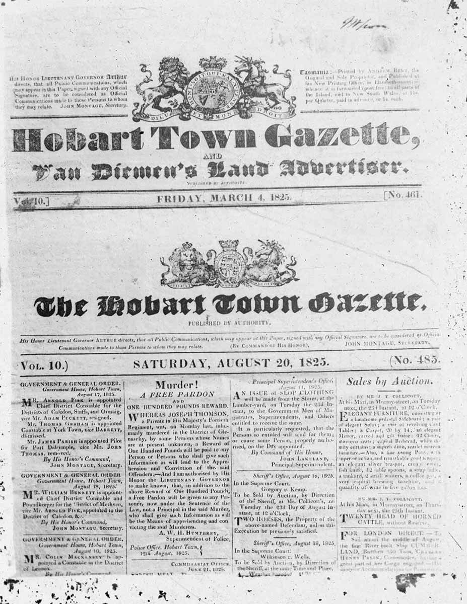 Front page of a newspaper with a coat of arms at the top and the mast head below it. There are no images, just short articles with headlines such as Government order and public notice.. - click to view larger image