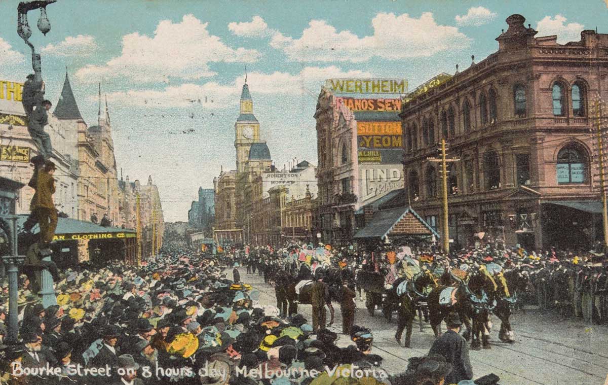A colour-tinted drawing of a parade watched by crowds of people.