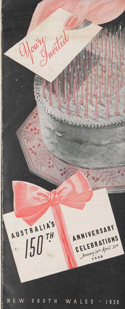 Black, white and pink leaflet printed for Australia's sesquicentenary issued by Australia's 150th Anniversary Celebrations Council. Noble Numismatics Collection, National Museum of Australia.