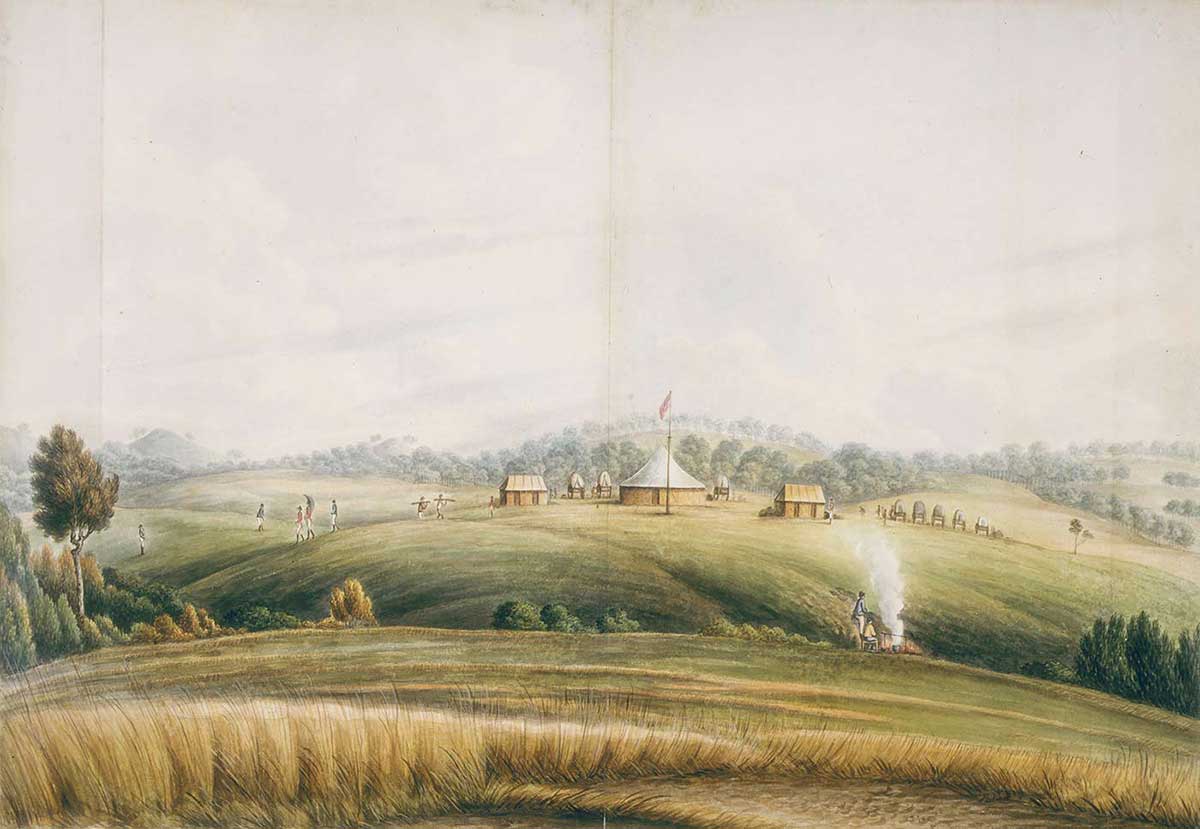 Painting of a landscape with a campsite and soldiers in the distance.