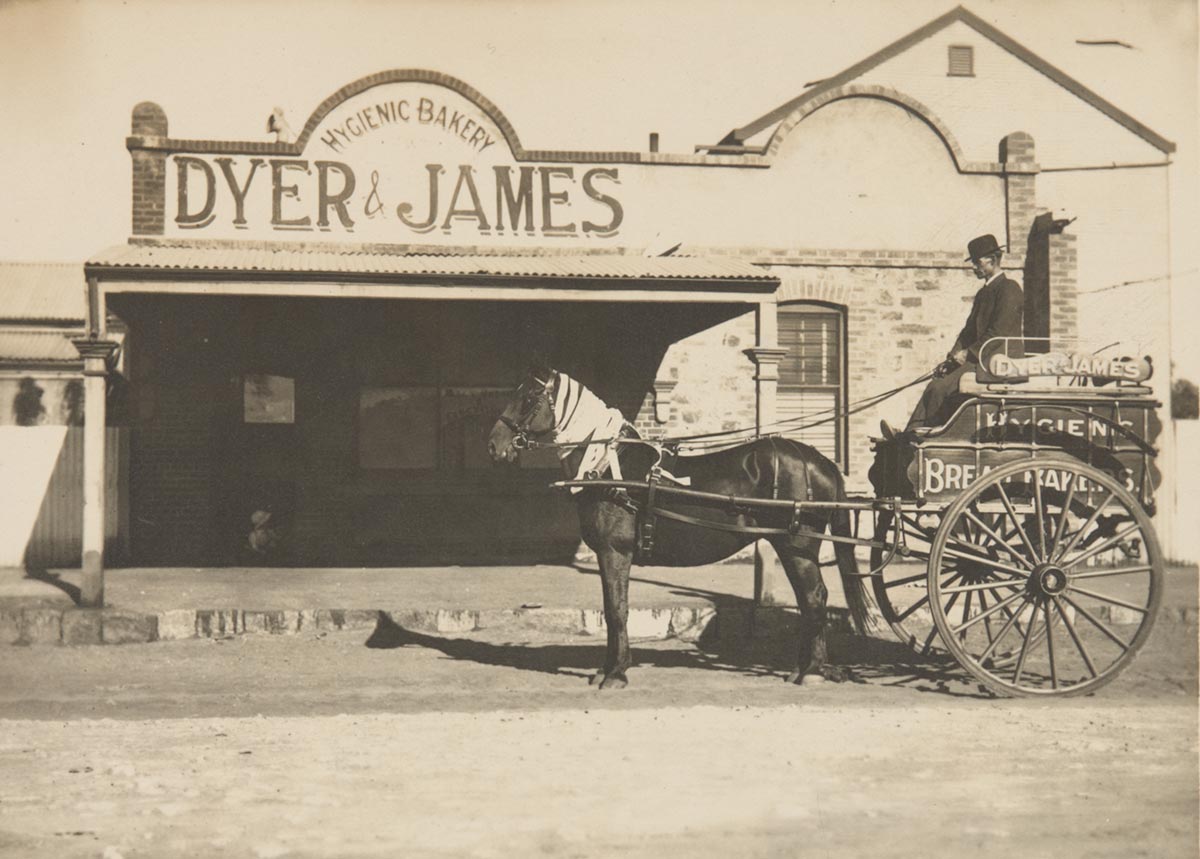 Horse and cart standing in front of the Dyer & James Hygienic Bakery in Broken Hill, about 1925.