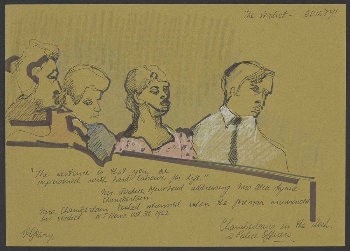Pencil sketch showing four people sitting behind a dock, with an olive coloured background. A woman wearing a pink dress with dark spots sits centrally, with a man dressed in a white shirt and black tie to her right. Two other people sit to her left. 'The Verdict - GUILTY!' is written in pencil at the top right, with other writing at the bottom and the artists' signature bottom left.
