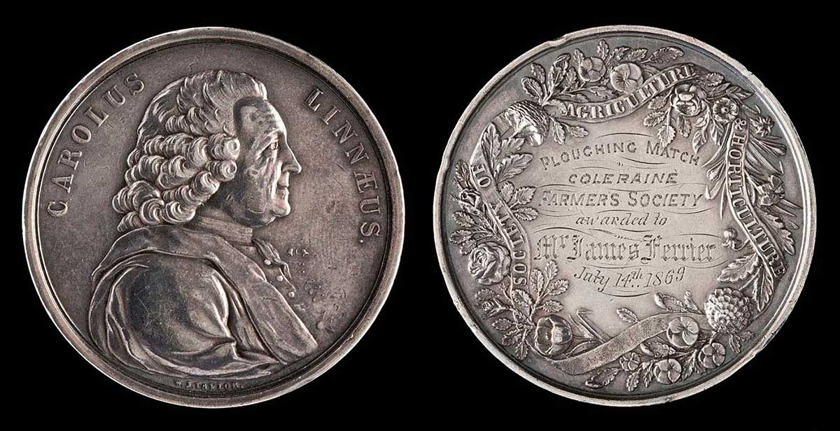 Composite of two images showing the back and front view of James Ferrier's Coleraine Farmers' Society ploughing medal.
