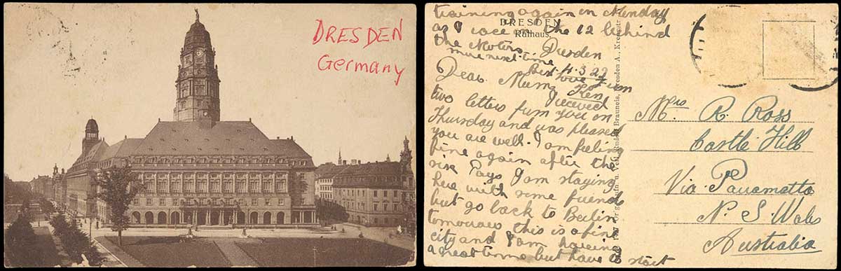 Composite of two views of a postcard. On the left is a large ornate city building, and on the right is the a handwritten message from Ken Ross to his mother. - click to view larger image