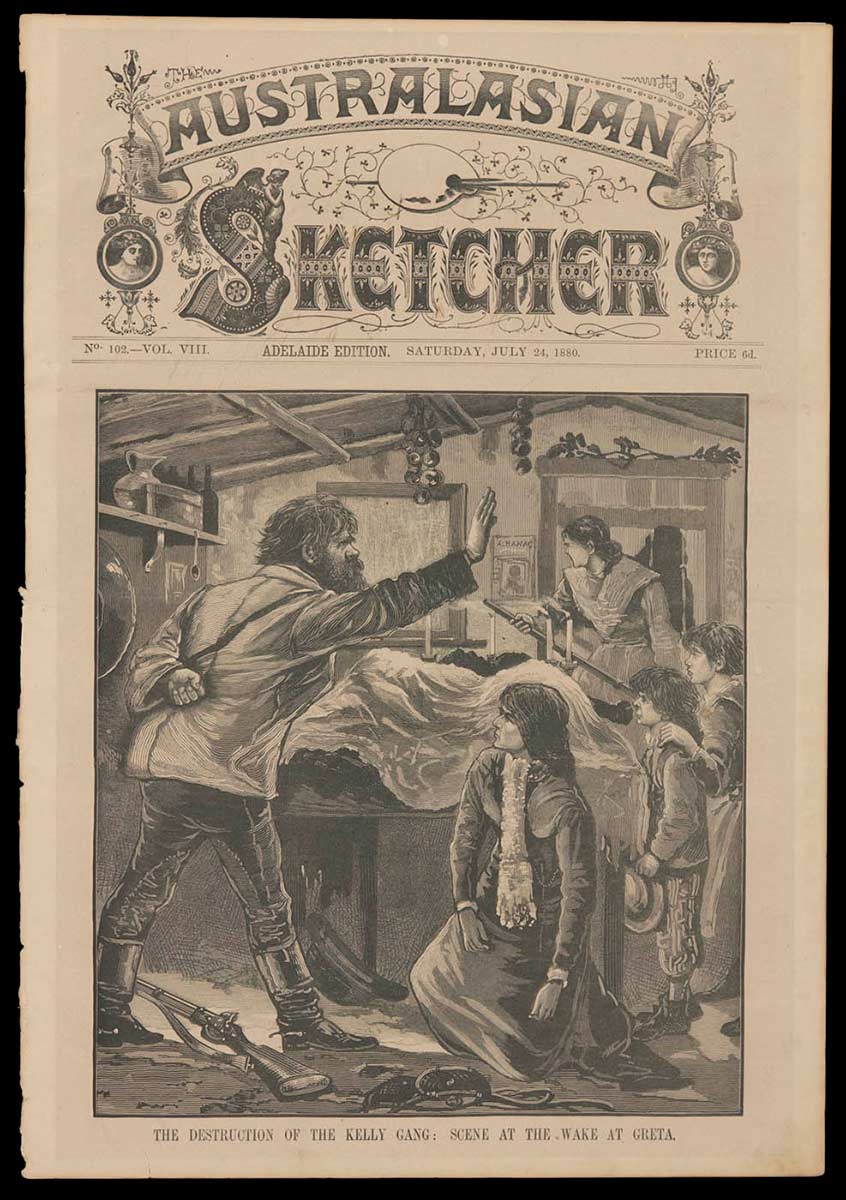 Cover of Australasian Sketcher depicting 'The Destruction of the Kelly Gang' illustration by Thomas Carrington. - click to view larger image