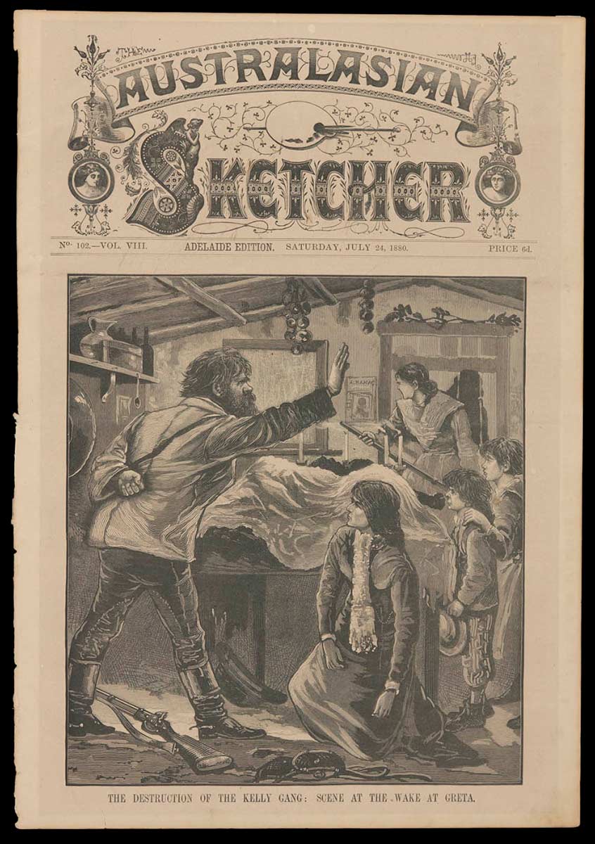 Cover of Australasian Sketcher depicting 'The Destruction of the Kelly Gang' iillustration by Thomas Carrington - click to view larger image