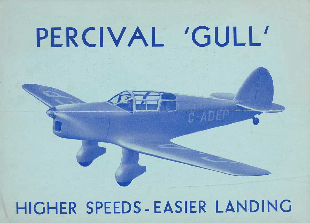 Copy of the pale blue cover of an advertising brochure for the 'Percival Gull, higher speeds, easier landing', with an illustration of a monoplane registered 'G-ADEP'. - click to view larger image