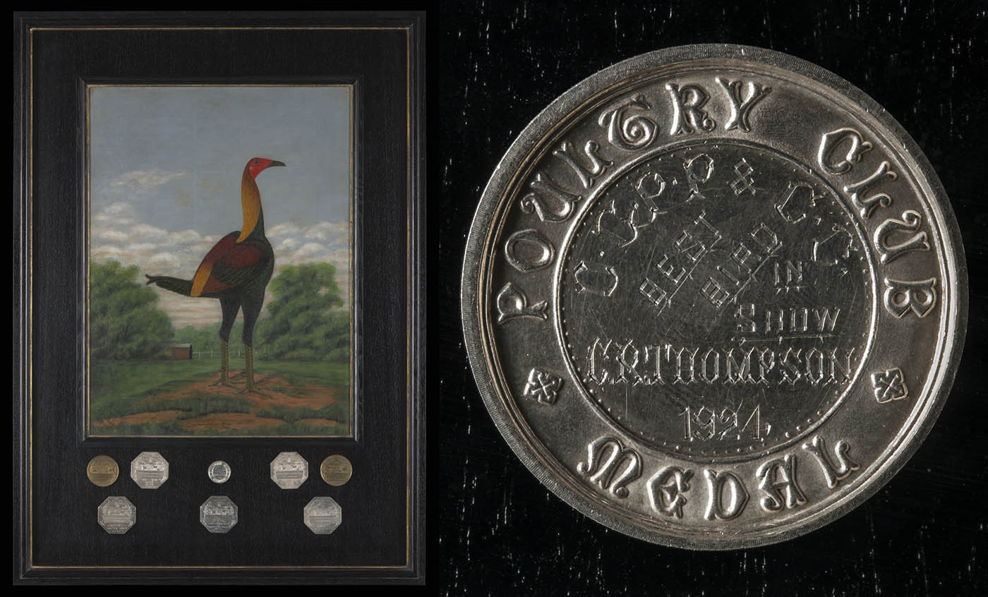 A compilation of two images – a portrait of a bird and a silver medal dated 1924.
