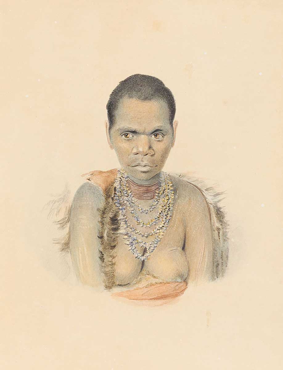 A detailed illustration of an Indigenous woman. She is wearing a cloak of fur and orange fabric and a necklace made of shells looped five times around her neck. - click to view larger image