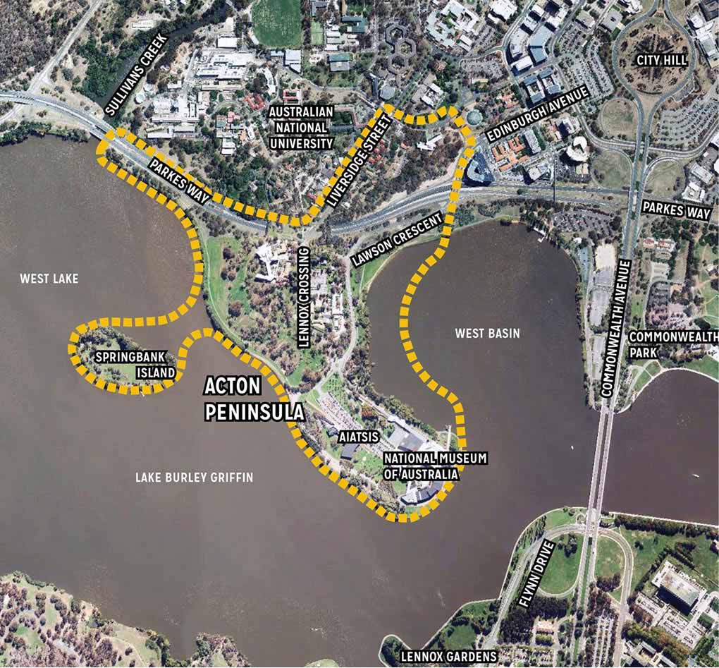 Aerial map of Acton Peninsula bounded in a yellow dashed line and including the National Museum of Australia, AIATSIS, Lennox Crossing, Springbank Island, Lawson Cres, Parkes Way and Liversidge Street.