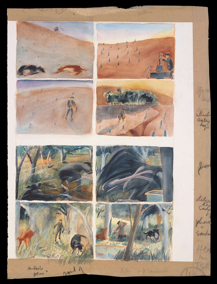 A painting, divided into eight panels, showing tree planting on a hill and the activities of two working dogs in a paddock and in the bush, with a human form.  - click to view larger image