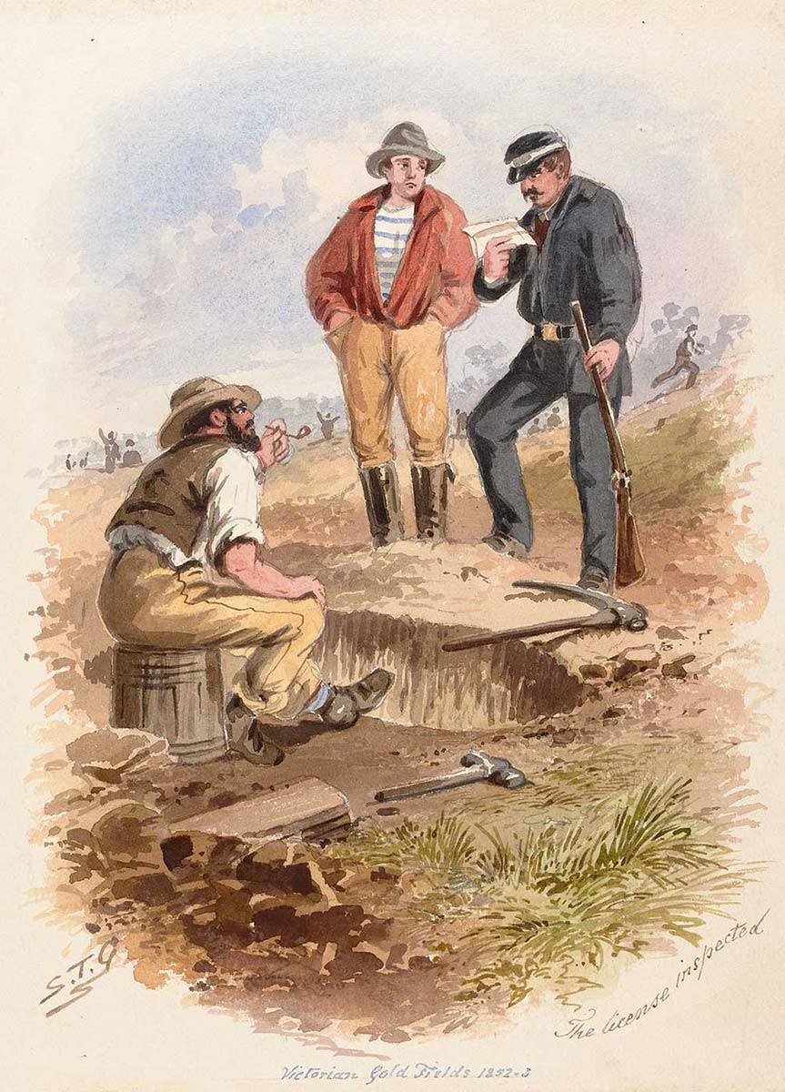 Colour painting showing a law enforcement officer in dark blue uniform and cap looking at a small piece of paper. He has a rifle gun in one hand and stands beside a large hole in the ground. He is with two men, one standing with hands in pockets, the other sitting smoking a pipe. - click to view larger image