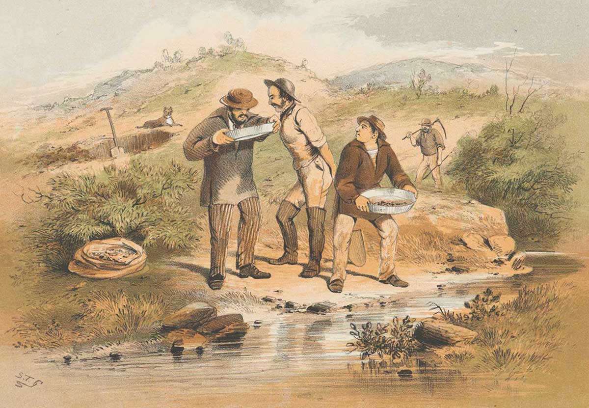 A colour drawing showing four men searching for gold beside a small waterway. Three men inf the foreground are using small shallow pans, while a fourth in the distance carries a pick on his shoulder. - click to view larger image