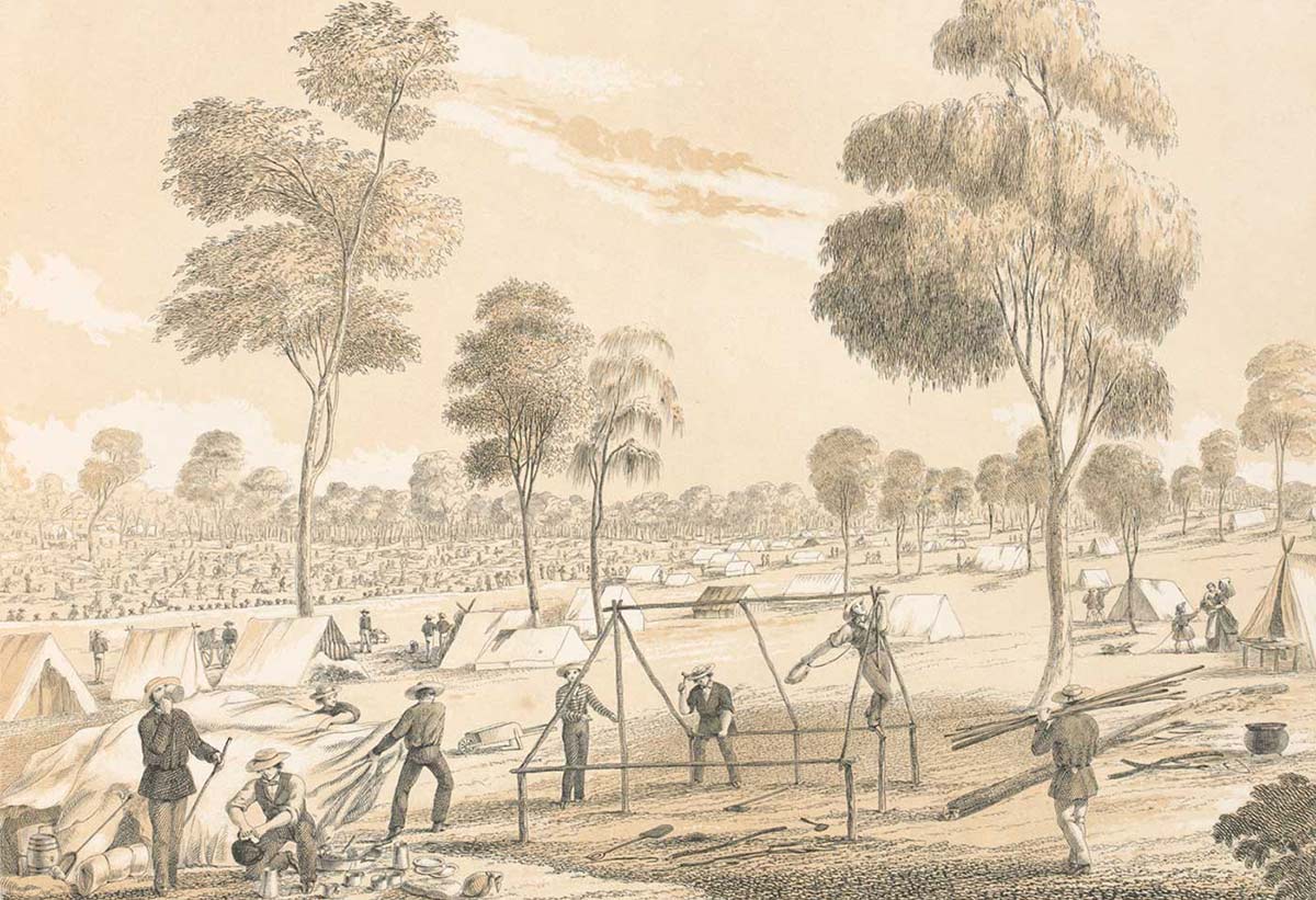 Black and white sketch showing a group of men working around the wooden frame of a tent. Gum trees are dispersed among a landscape of other tents and men in the distance. - click to view larger image