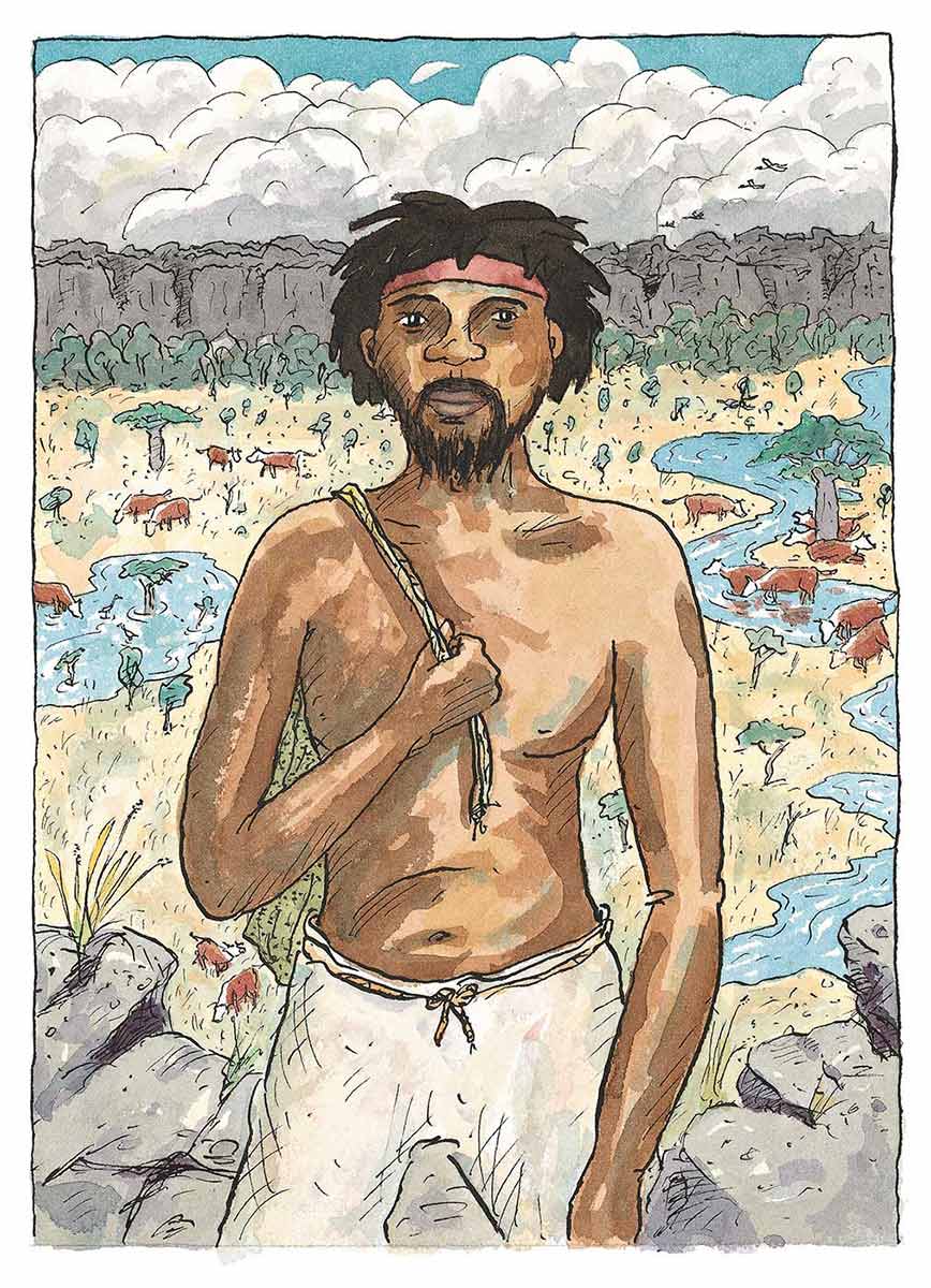 Colour illustration of an Aboriginal man wearing white pants, a red headband and no shirt. Cows graze in the distance. - click to view larger image